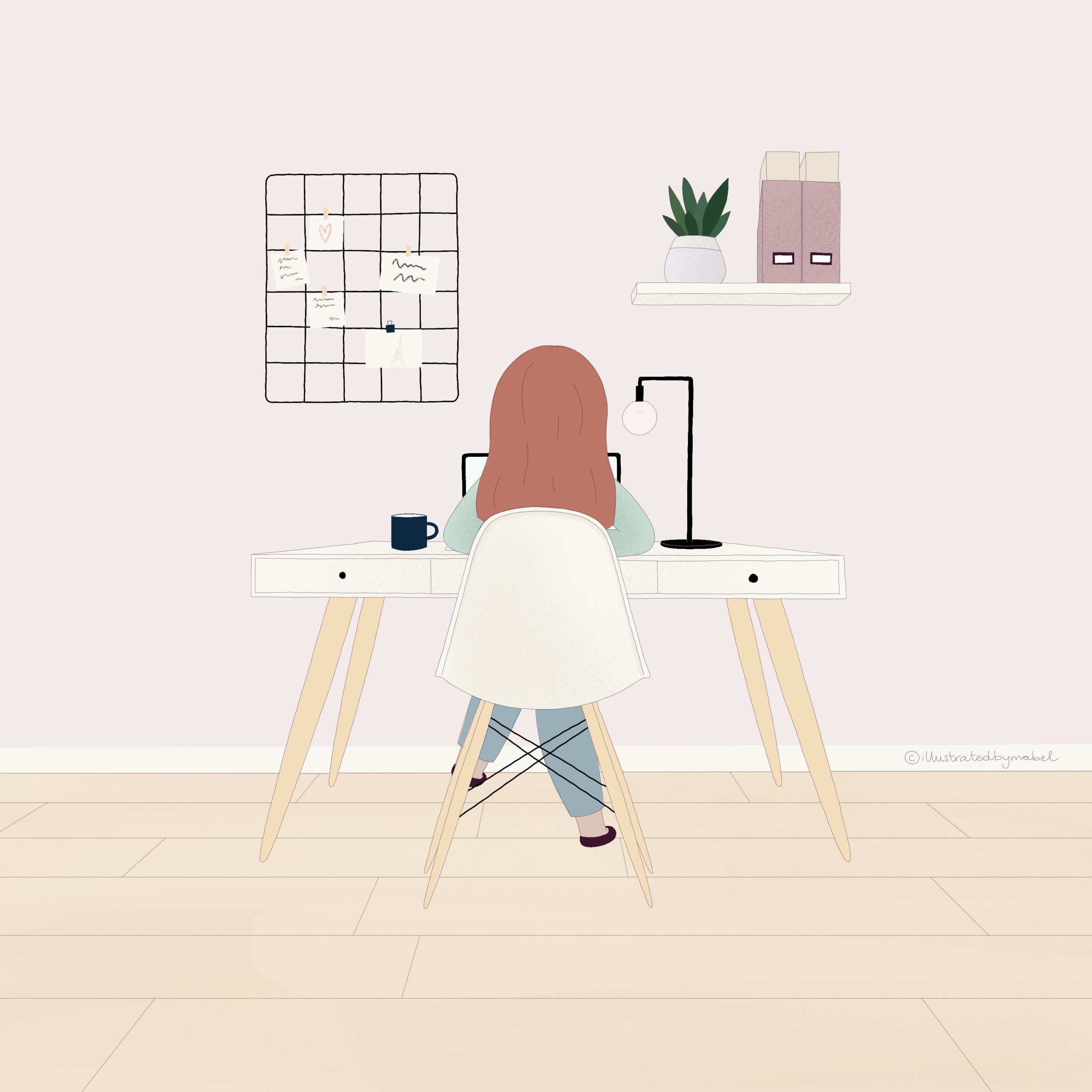 Custom illustration services - girl working at a desk in a modern and stylish room seen from the back.