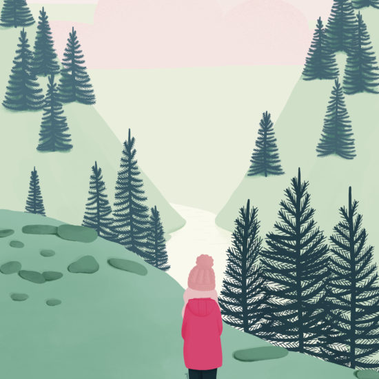 illustration of a girl looking at a scottish landscape
