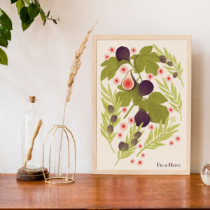 Fig and olive print as a living room decor piece.