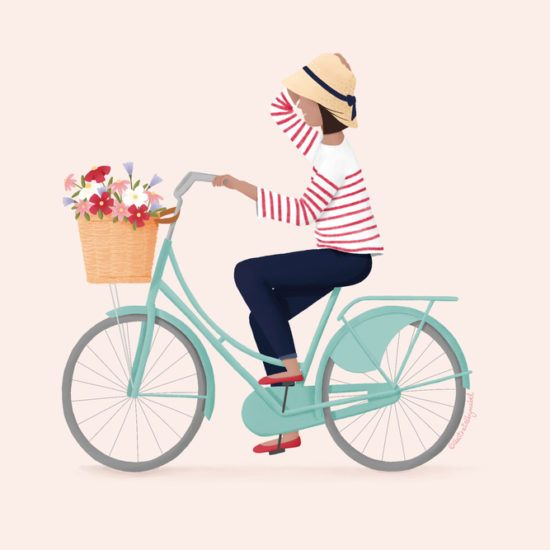Illustration of woman on bicycle with flowers.