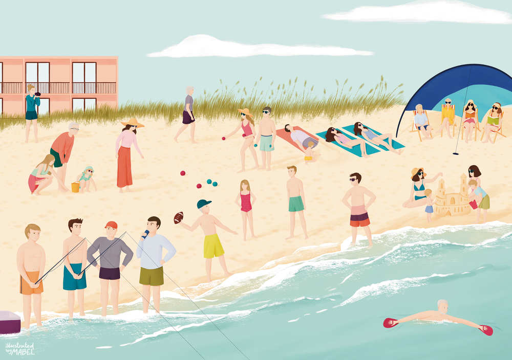 Illustration of people on the beach.