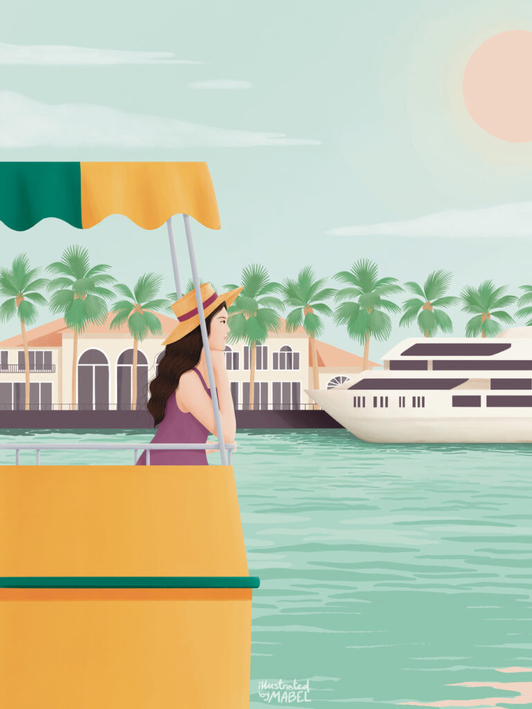 Illustration of a woman looking at the landscape from a boat.
