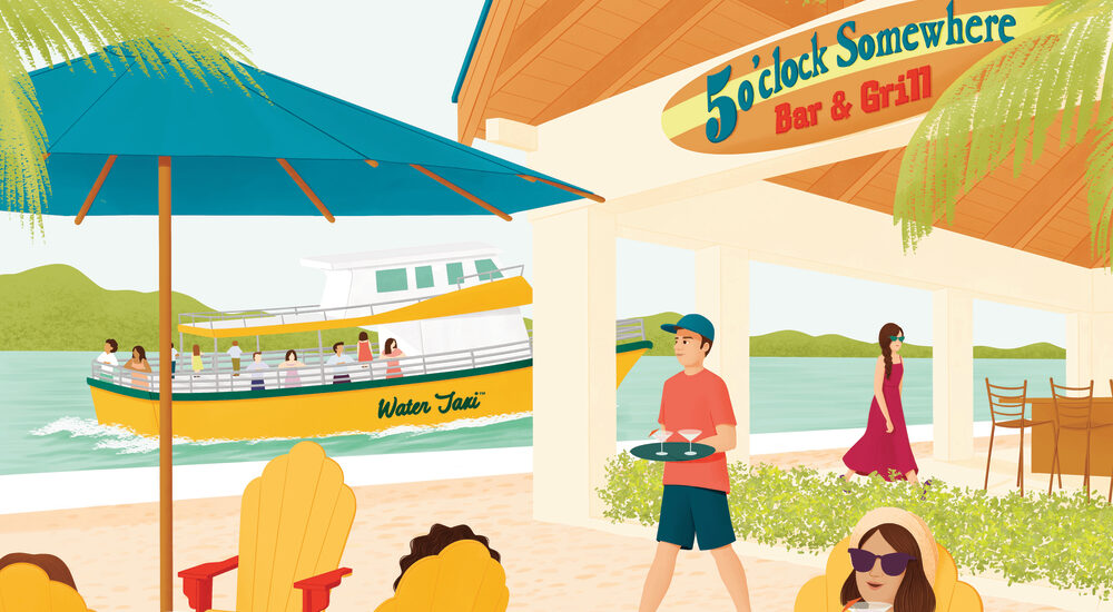 Travel illustration series for a Water Taxi company based in Florida with people drinking on the beach.