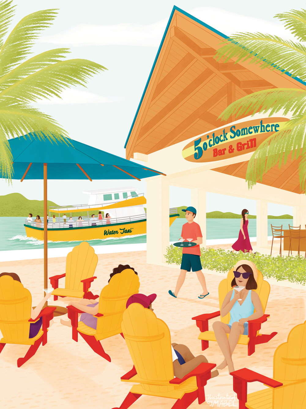 Travel illustration series for a Water Taxi company based in Florida with people drinking on the beach.