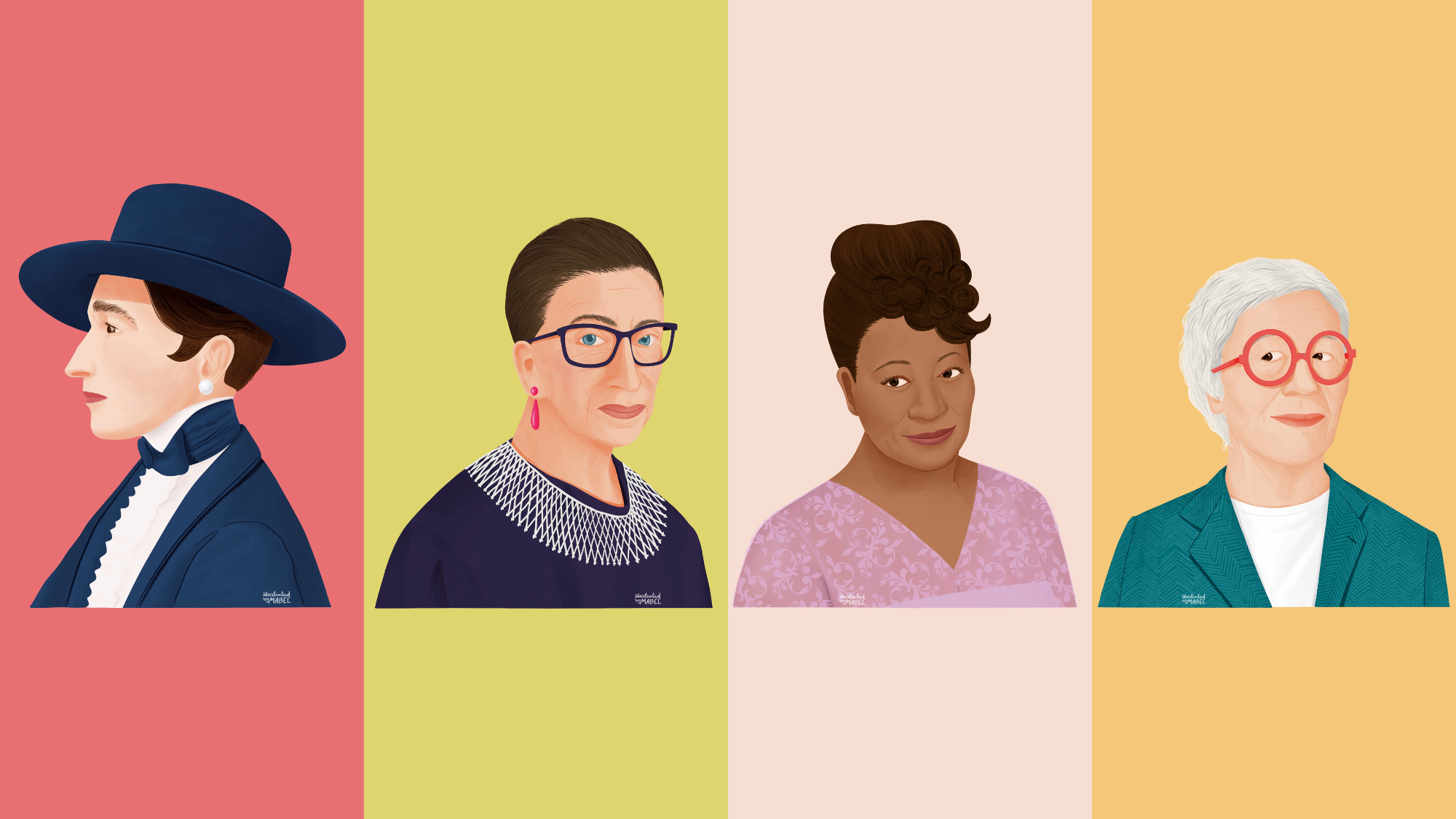 illustrated portrait of Radclyffe Hall, illustrated portrait of Ruth Bader Ginsburg, illustrated portrait of Ella Fitzgerald, illustrated portrait of Gae Aulenti.