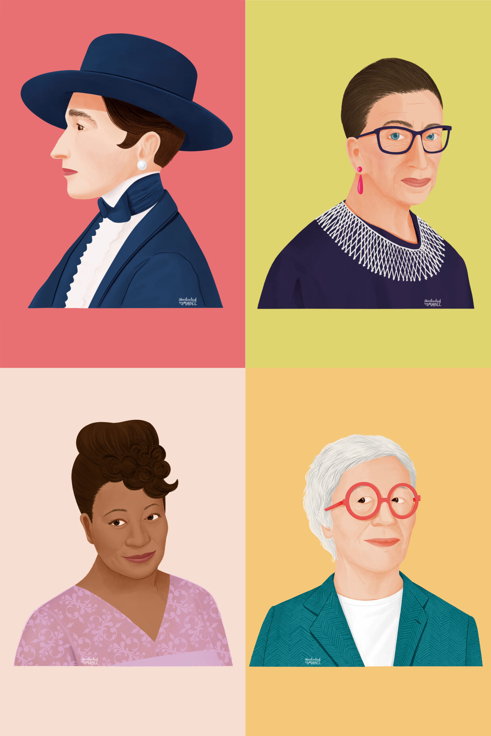 illustrated portrait of Radclyffe Hall, illustrated portrait of Ruth Bader Ginsburg, illustrated portrait of Ella Fitzgerald, illustrated portrait of Gae Aulenti.