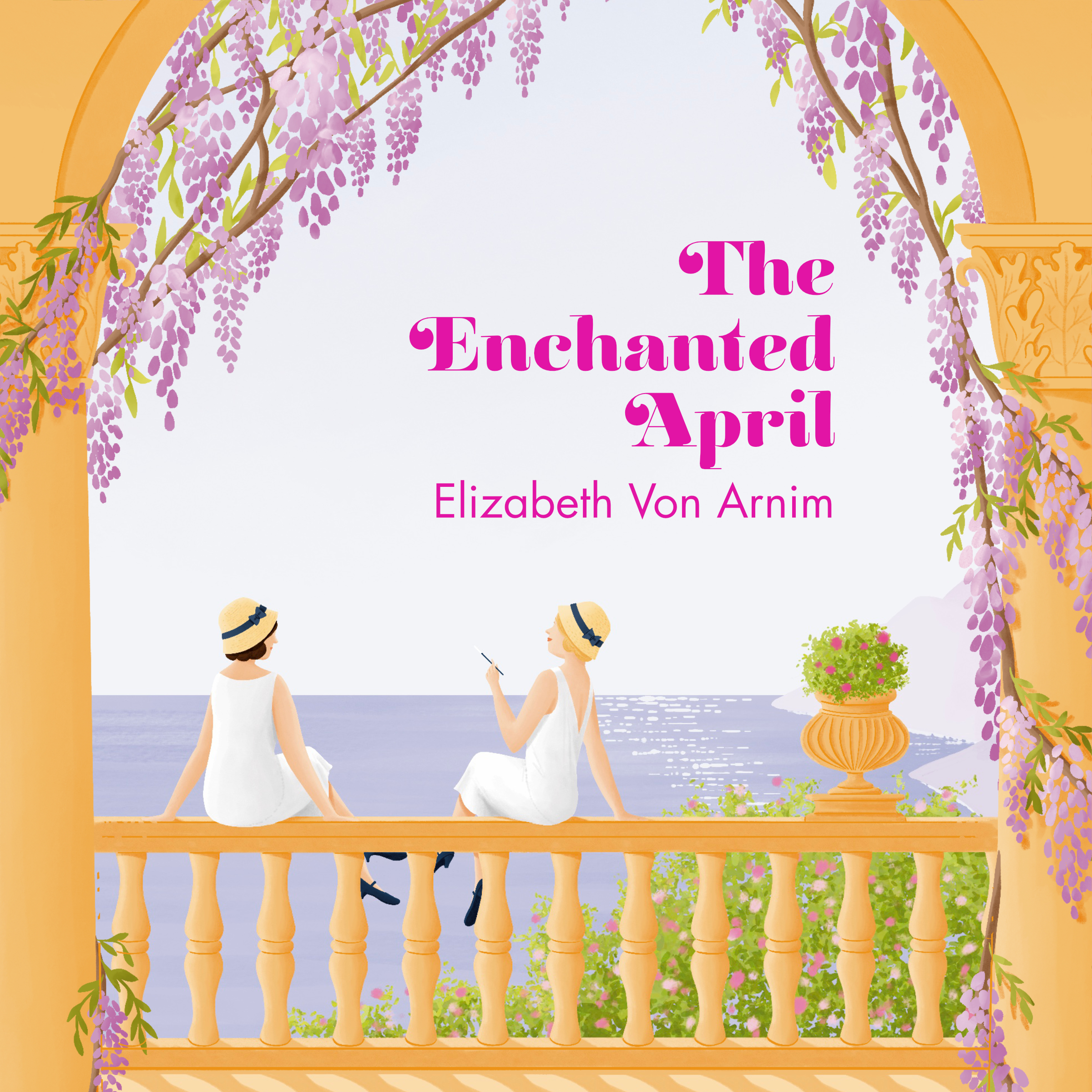 Audiobook format for The Enchanted April book cover illustration