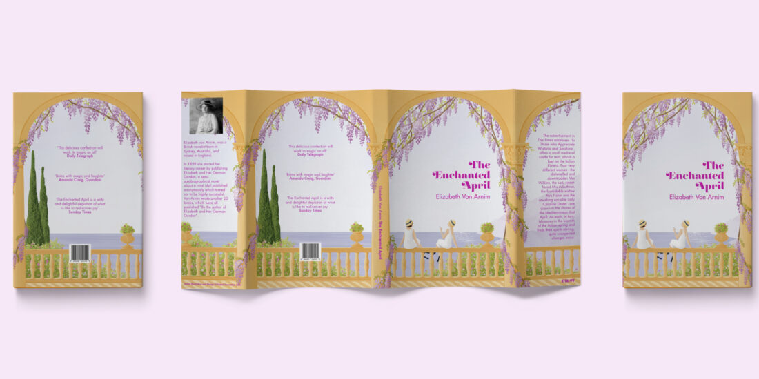 Dust jacket and front and back cover for The Enchanted April book cover illustration