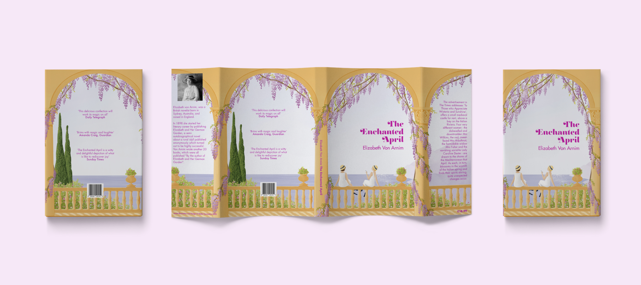 Dust jacket and front and back cover for The Enchanted April book cover illustration