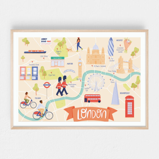 London map postcard, Map of London, Travel illustration postcard