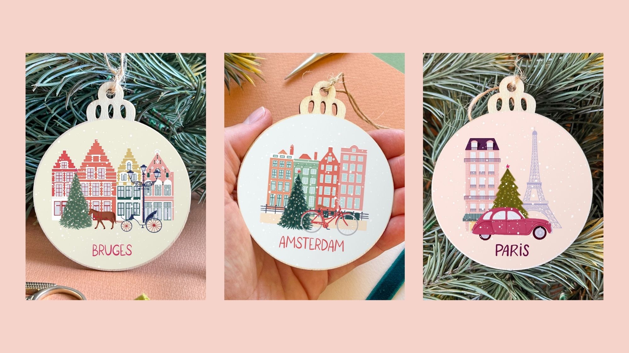 Travel-themed Christmas tree ornaments depicting snowy cities from across the world.