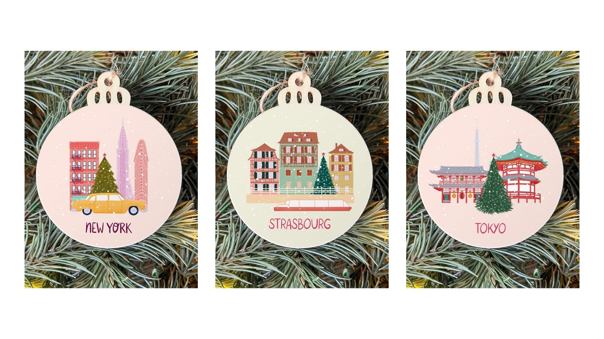 Travel-themed Christmas tree ornaments depicting snowy cities from across the world.