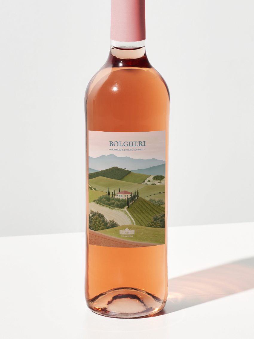 Wine label illustration for a Bolgheri wine bottle